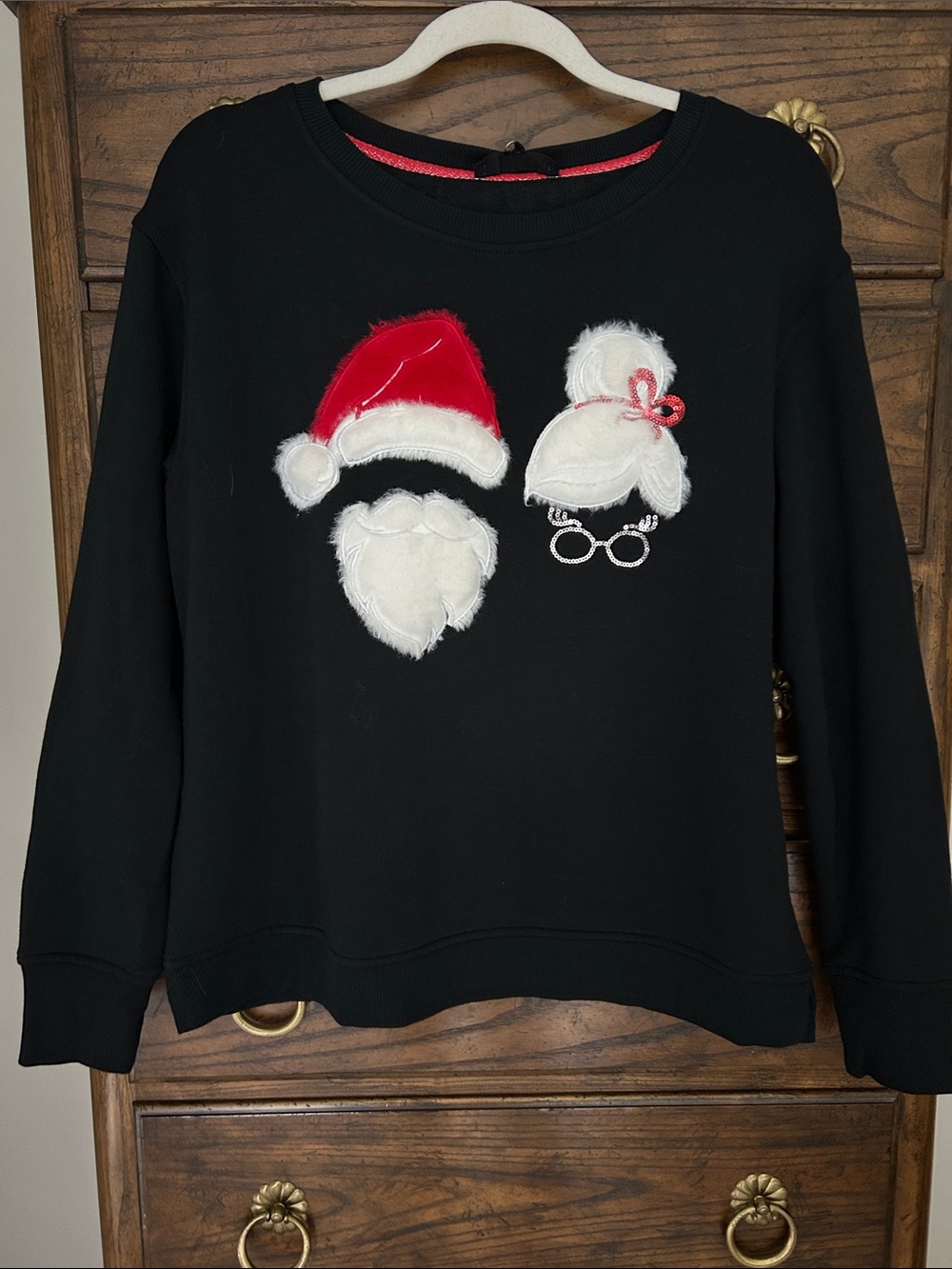 NWT Jane and Delancey Black Sweatshirt with Santa Holiday Appliqués, Size S